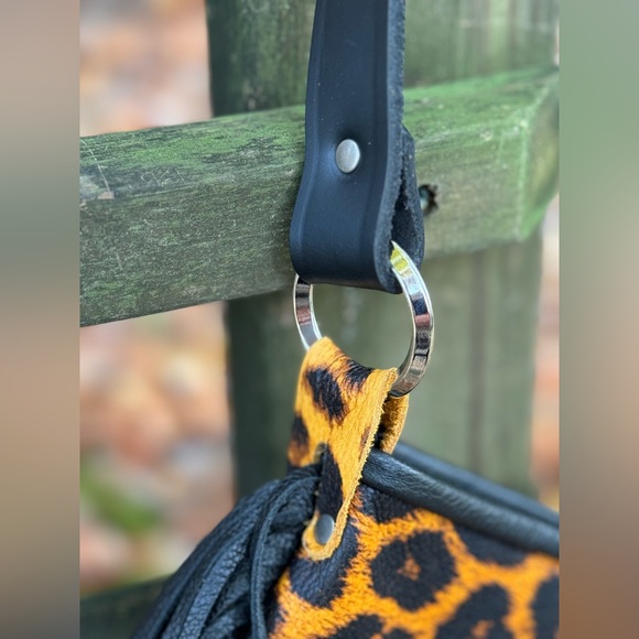Leopard print with fringe crossbody purse with adj strap 10”x13” leather - Picture 11 of 14